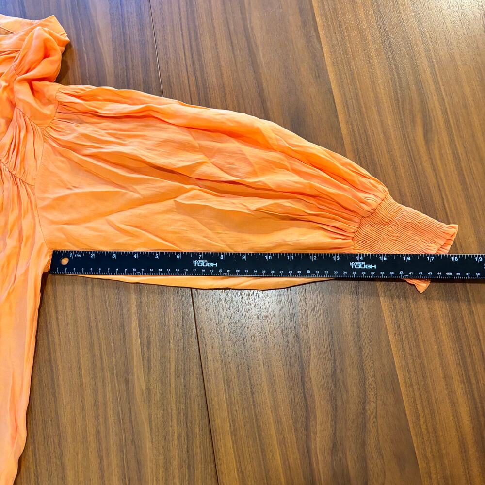 Entro Bright Apricot Orange Puff Sleeve Blouse Button Front Semi Sheer Size S - Picture 8 of 8